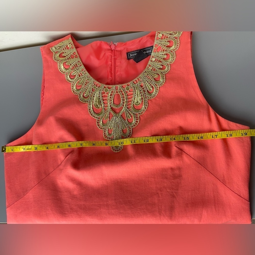 J Howard Womens Size 12P Orange Dress Gold Applique Linen Blend Lined Sleeveless - Picture 13 of 14